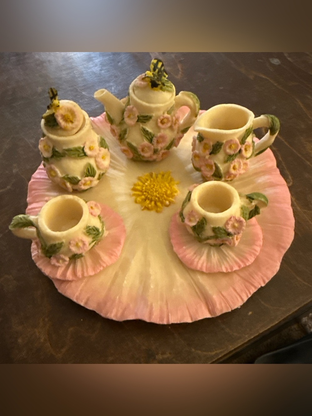 Popular Imports Ceramic Floral Miniature Tea Set Pink Flowers Butterfly 1994 10